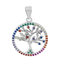 Sterling Silver With Rhodium, 18mm Tree Of Life Pendant  With Cubic Zirconia