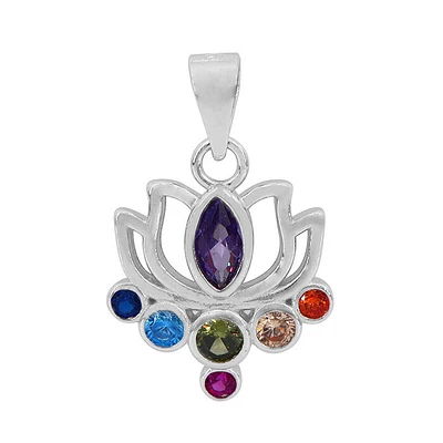 Sterling Silver With Rhodium, 14X15mm Lotus Flower Pendant With Cubic Zirconia
