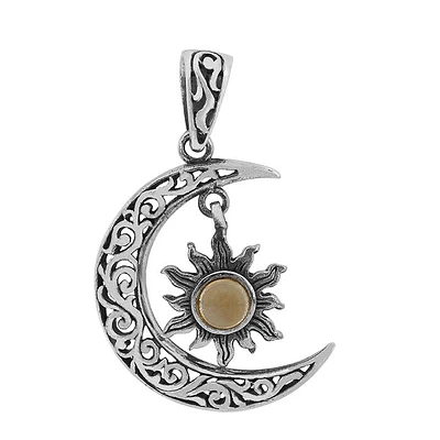 Sterling Silver, 20X25mm Crescent Moon And Sun Pendant With 5mm Citrine