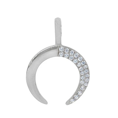 Sterling Silver With Rhodium, 15X16mm Crescent Moon Pendant With Cubic Zirconia