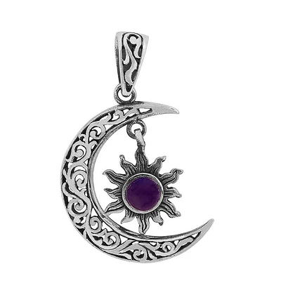 Sterling Silver, 20X25mm Crescent Moon And Sun Pendant With 5mm Amethyst