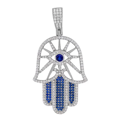 Sterling Silver With Rhodium, 27X40mm Hamsa And Evil Eye Pendant With Cubic Zirconia