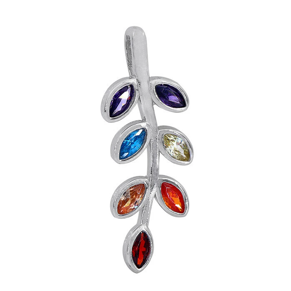 Sterling Silver With Rhodium, 12X24mm Leaves Pendant With Cubic Zirconia