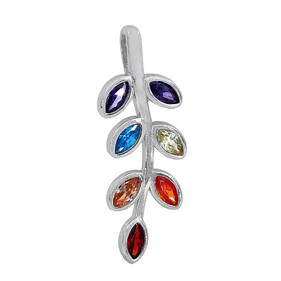Sterling Silver With Rhodium, 12X24mm Leaves Pendant With Cubic Zirconia