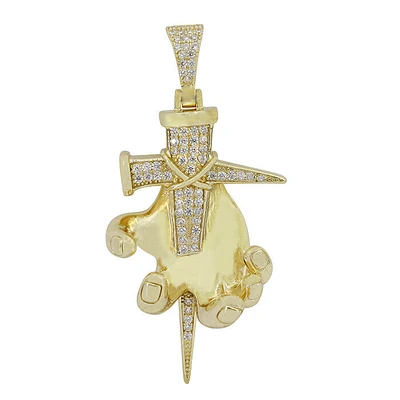 Sterling Silver With Gold, 29X46mm Hand Pendant With Cubic Zirconia