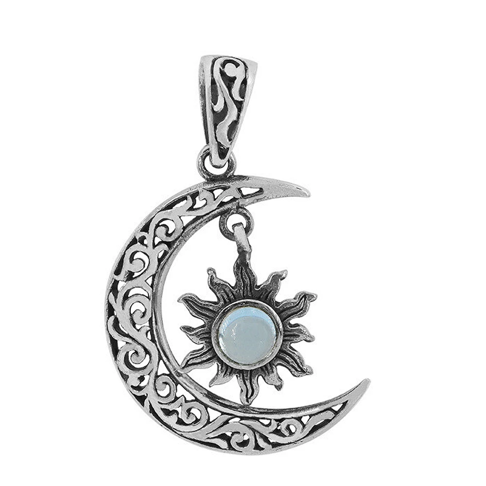 Sterling Silver, 20X25mm Crescent Moon And Sun Pendant With 5mm Aquamarine