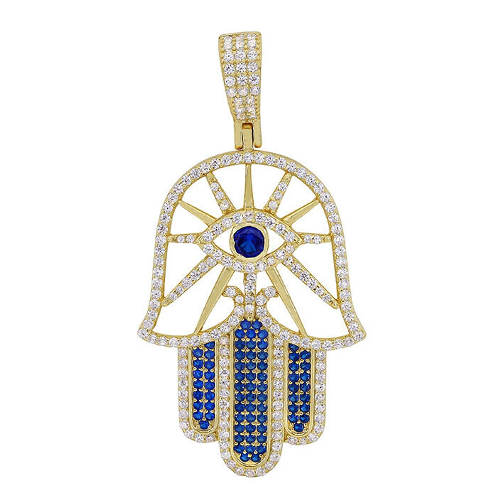 Sterling Silver With Gold, 27X40mm Hamsa And Evil Eye Pendant With Cubic Zirconia