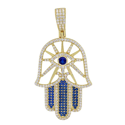 Sterling Silver With Gold, 27X40mm Hamsa And Evil Eye Pendant With Cubic Zirconia