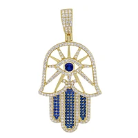 Sterling Silver With Gold, 27X40mm Hamsa And Evil Eye Pendant With Cubic Zirconia