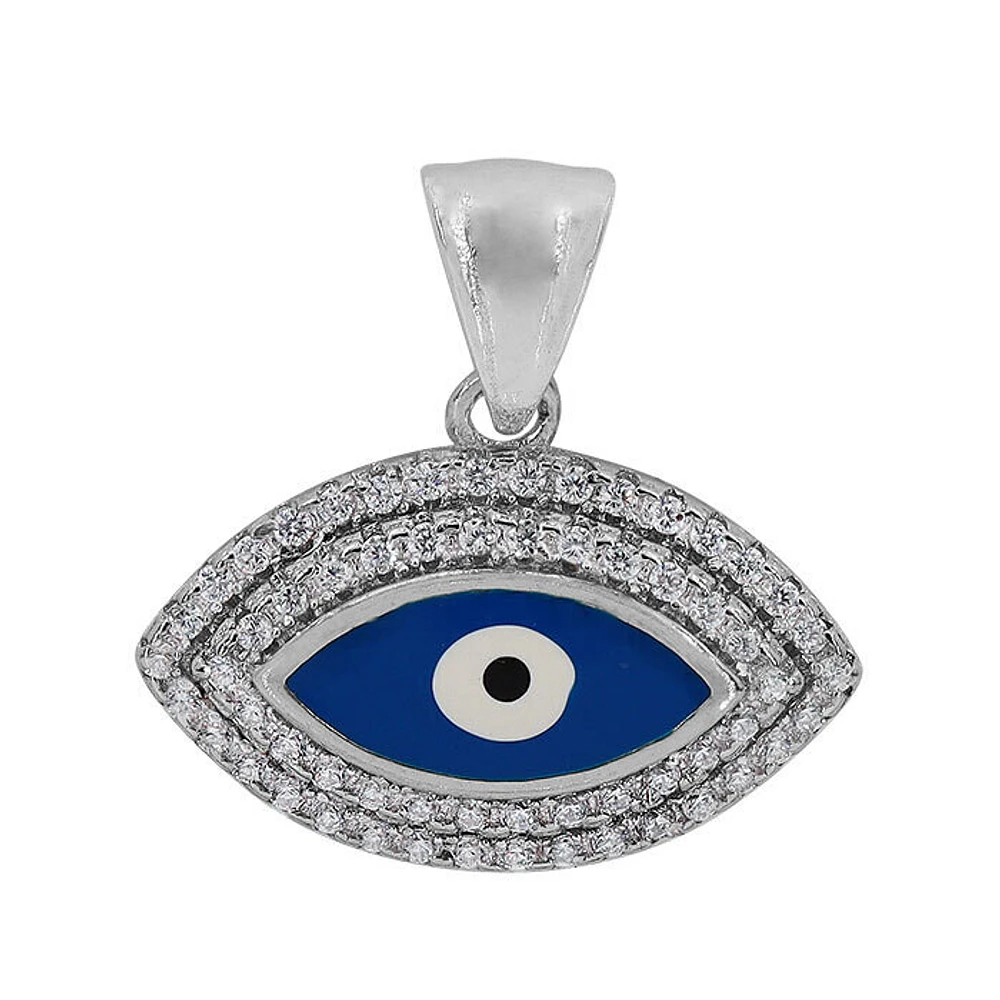 Sterling Silver With Rhodium, 12X19mm Evil Eye Pendant With Cubic Zirconia