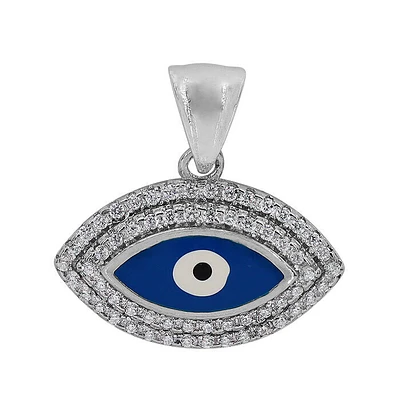 Sterling Silver With Rhodium, 12X19mm Evil Eye Pendant With Cubic Zirconia