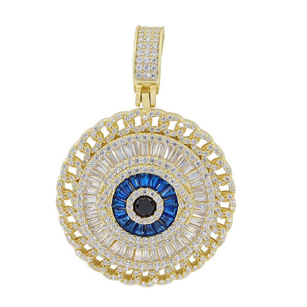 Sterling Silver With Gold, 32mm Evil Eye Pendant With Cubic Zirconia