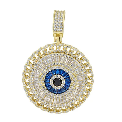 Sterling Silver With Gold, 32mm Evil Eye Pendant With Cubic Zirconia