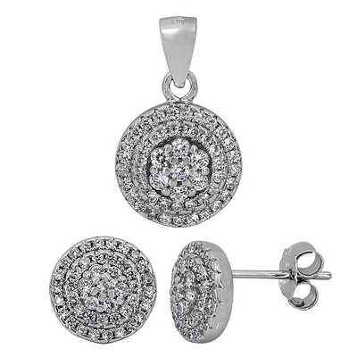 Sterling Silver With Rhodium, 9mm Stud Earrings And 11mm Pendant Set With Cubic Zirconia