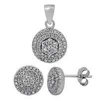 Sterling Silver With Rhodium, 9mm Stud Earrings And 11mm Pendant Set With Cubic Zirconia