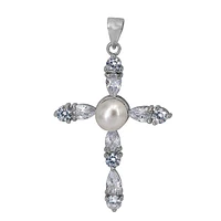 Sterling Silver With Rhodium, 23X32mm Cross Pendant With Cubic Zirconia