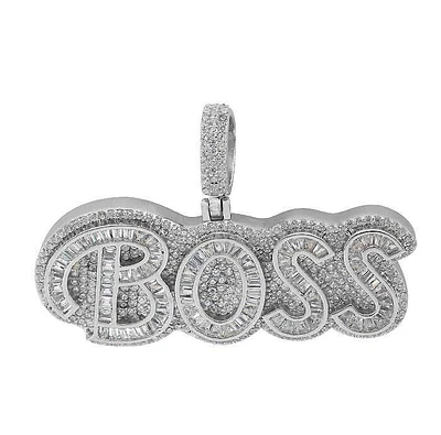 Sterling Silver With Rhodium, 19X45mm Boss Pendant With Cubic Zirconia