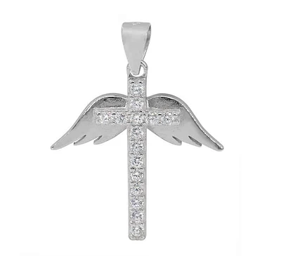 Sterling Silver With Rhodium, 21X19mm Wing And Cross Pendant With Cubic Zirconia
