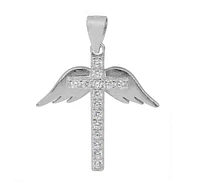 Sterling Silver With Rhodium, 21X19mm Wing And Cross Pendant With Cubic Zirconia