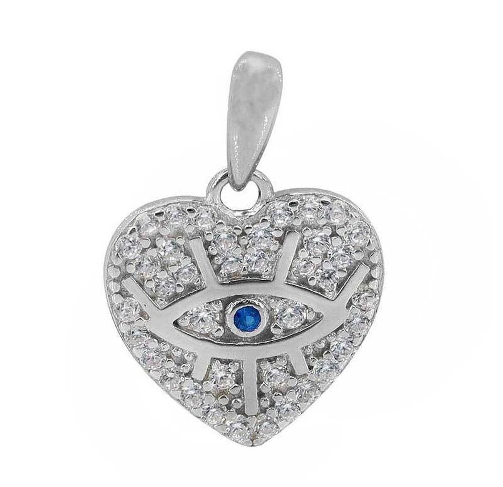 Sterling Silver With Rhodium, Evil Eye Heart Pendant With Cubic Zirconia, 13X13mm