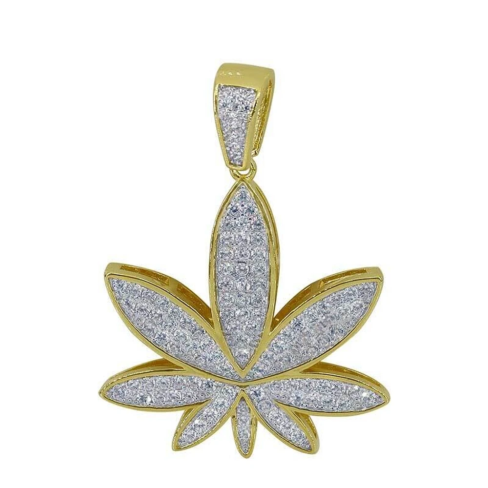 Sterling Silver With Gold, 31X30mm Marijuana Leaf Pendant With Cubic Zirconia