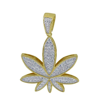 Sterling Silver With Gold, 31X30mm Marijuana Leaf Pendant With Cubic Zirconia