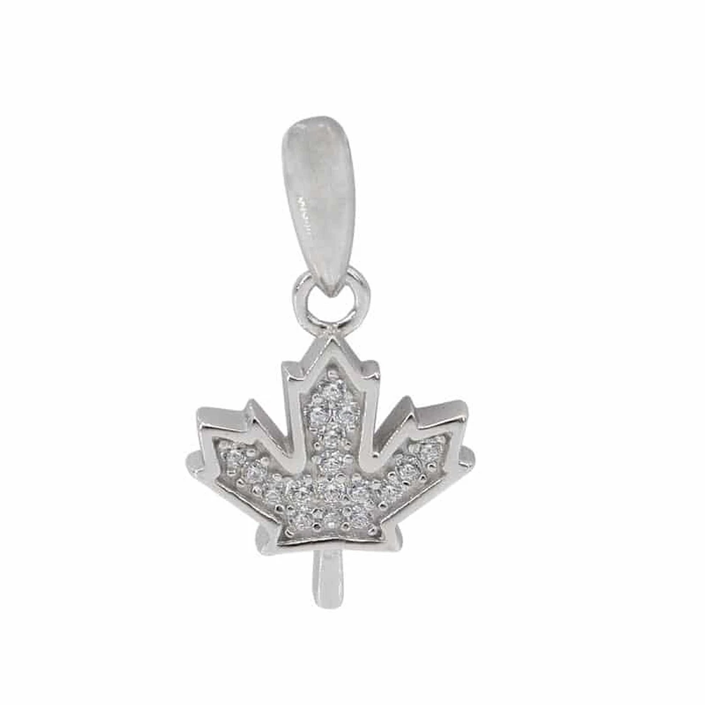 Sterling Silver With Rhodium, Cubic Zirconia Maple Leaf Pendant, 12X10mm