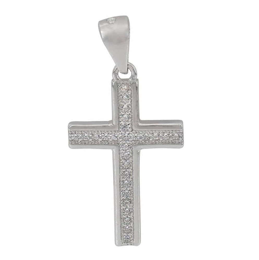 Sterling Silver With Rhodium, 20X13mm Cross Pendant With Cubic Zirconia