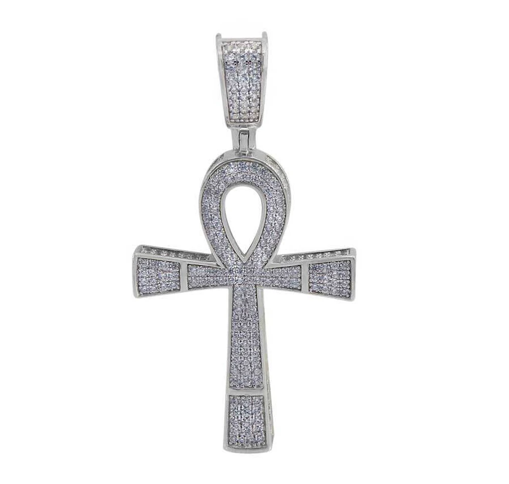 Sterling Silver With Rhodium, 34X24mm Ankh Cross Pendant With Cubic Zirconia