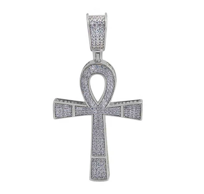 Sterling Silver With Rhodium, 34X24mm Ankh Cross Pendant With Cubic Zirconia
