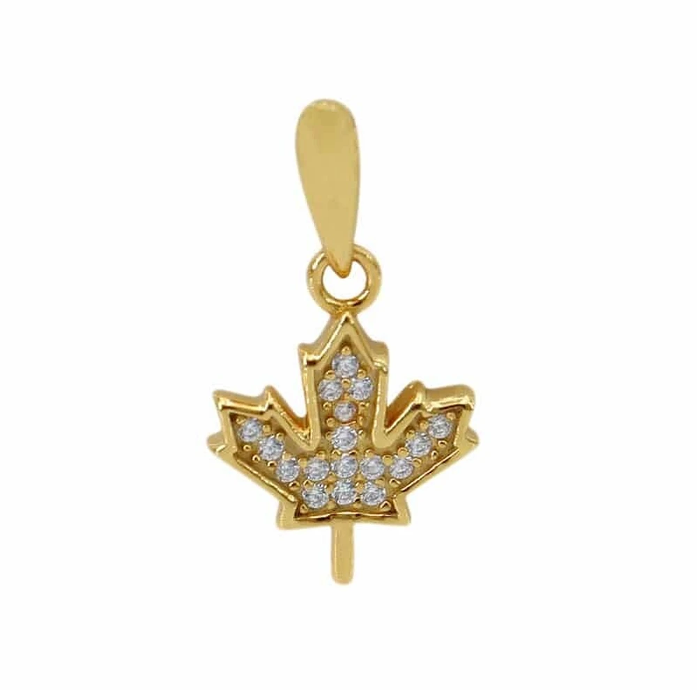 Sterling Silver With Gold, Cubic Zirconia Maple Leaf Pendant, 12X10mm