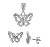 Sterling Silver With Rhodium, Cubic Zirconia Butterfly Set, 12X9mm Earrings, 12X9mm Pendant