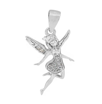 Sterling Silver With Rhodium, 24X13mm Fairy Pendant With Cubic Zirconia