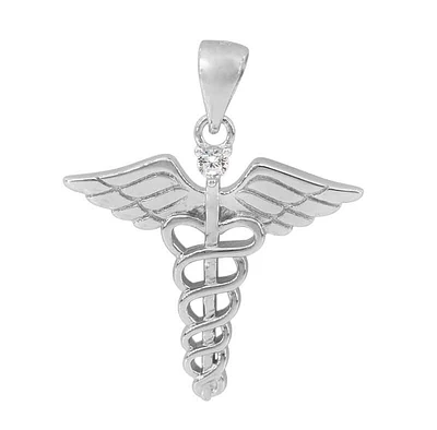 Sterling Silver With Rhodium, 21X23mm Medical Symbol Pendant With Cubic Zirconia