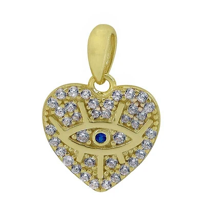 Sterling Silver With Gold, Evil Eye Heart Pendant With Cubic Zirconia, 13X13mm