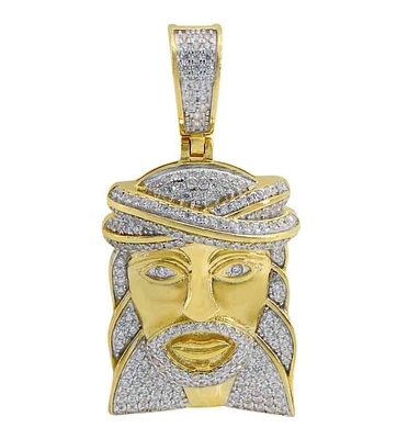 Sterling Silver With Gold, 28X20mm Jesus Head Pendant With Cubic Zirconia