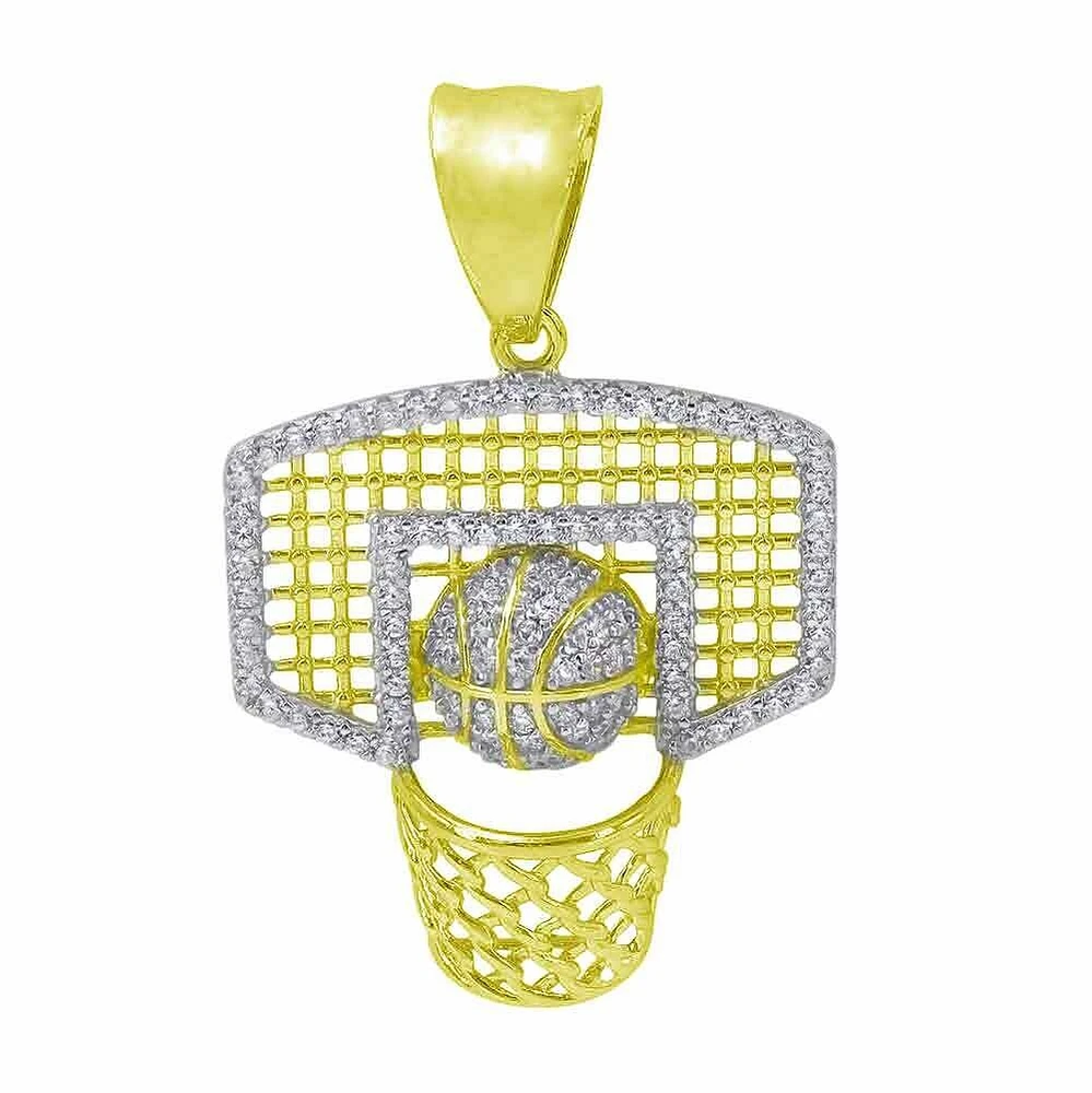 Sterling Silver With Gold, 25X23mm Basketball Net Pendant With Cubic Zirconia