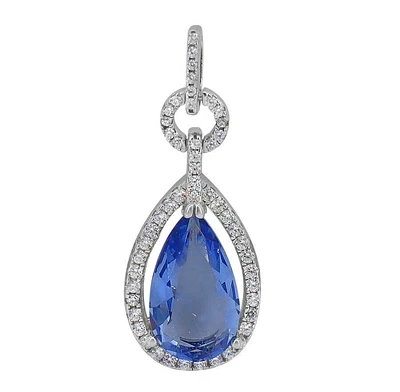 Sterling Silver With Rhodium, 15X8mm Blue Cubic Zirconia Pendant