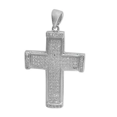 Sterling Silver Rhodium, 27.5X20mm Cross Pendant With Cubic Zirconia