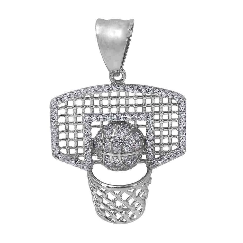 Sterling Silver With Rhodium, 25X23mm Basketball Net Pendant With Cubic Zirconia