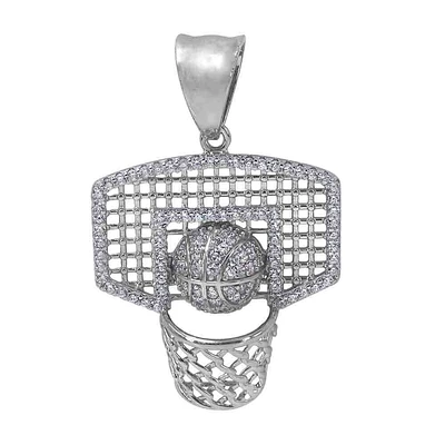 Sterling Silver With Rhodium, 25X23mm Basketball Net Pendant With Cubic Zirconia