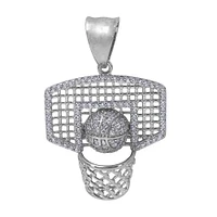 Sterling Silver With Rhodium, 25X23mm Basketball Net Pendant With Cubic Zirconia