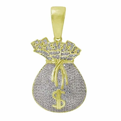 Sterling Silver With Gold, 30X21mm Money Bag Pendant With Cubic Zirconia