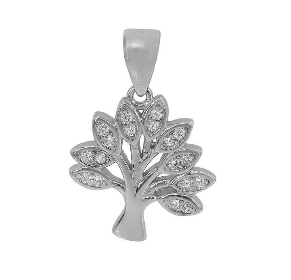 Sterling Silver With Rhodium,  Tree Of Life Pendant With Cubic Zirconia, 15X14mm Frame