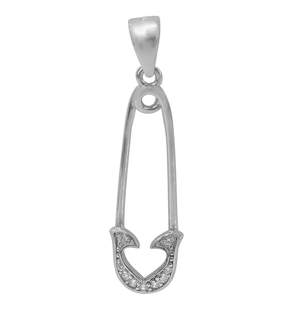 Sterling Silver With Rhodium, 24X8mm Safety Pin Pendant With Cubic Zirconia