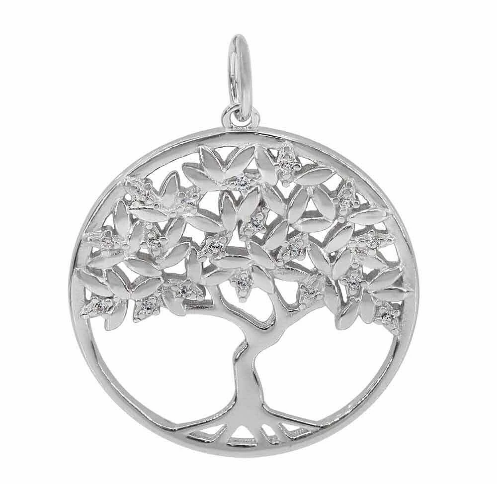 Sterling Silver With Rhodium, 24mm Tree Of Life With Cubic Zorina, 6X4mm Loop