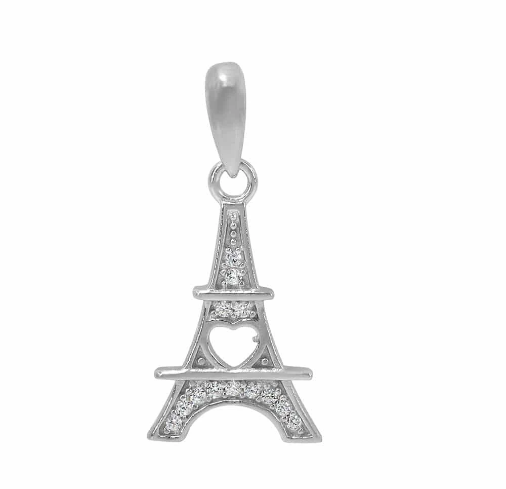 Sterling Silver With Rhodium, 15X10mm Eiffel Tower Pendant With Cubic Zirconia