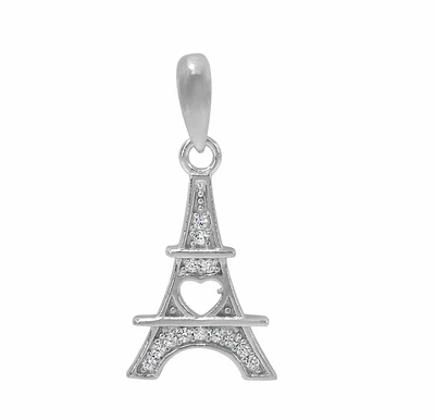 Sterling Silver With Rhodium, 15X10mm Eiffel Tower Pendant With Cubic Zirconia
