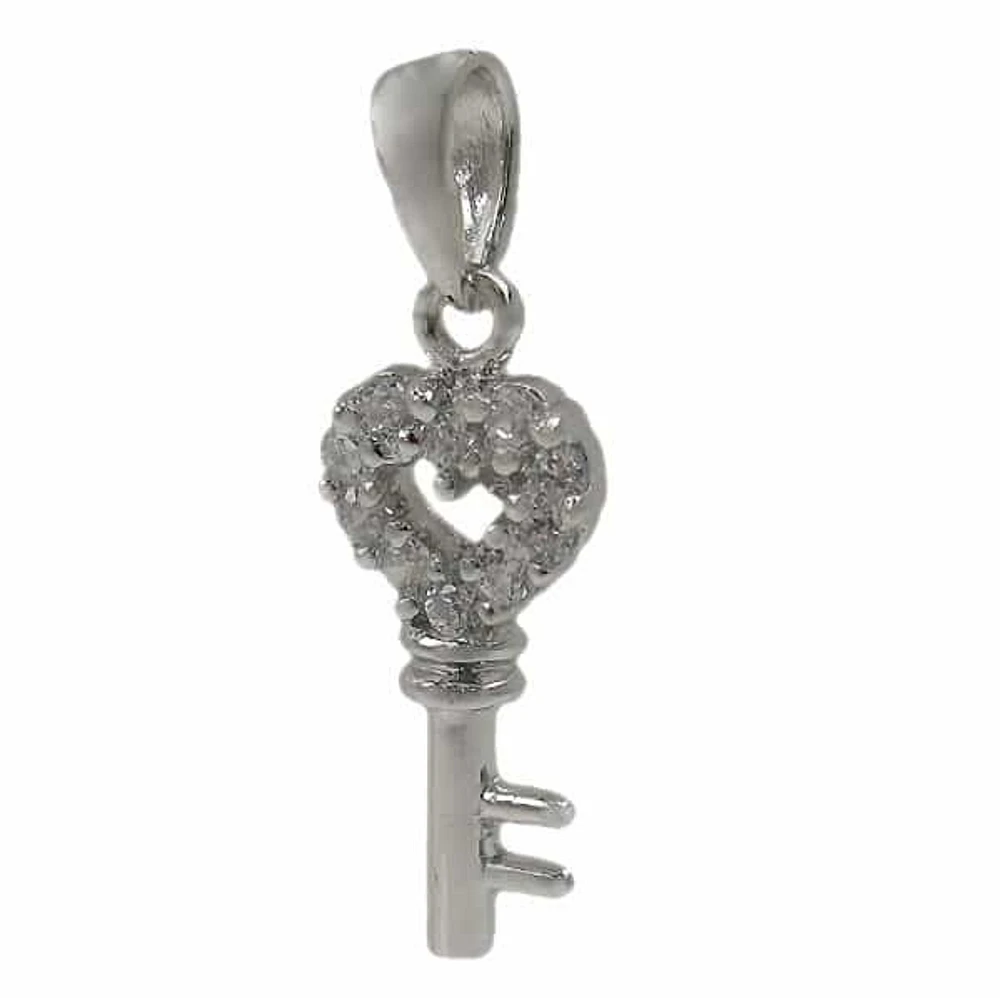 Sterling Silver With Rhodium, 6X15mm Key Pendant Or Charm With Cubic Zirconia