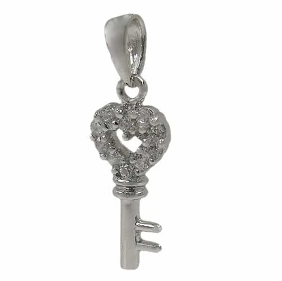 Sterling Silver With Rhodium, 6X15mm Key Pendant Or Charm With Cubic Zirconia